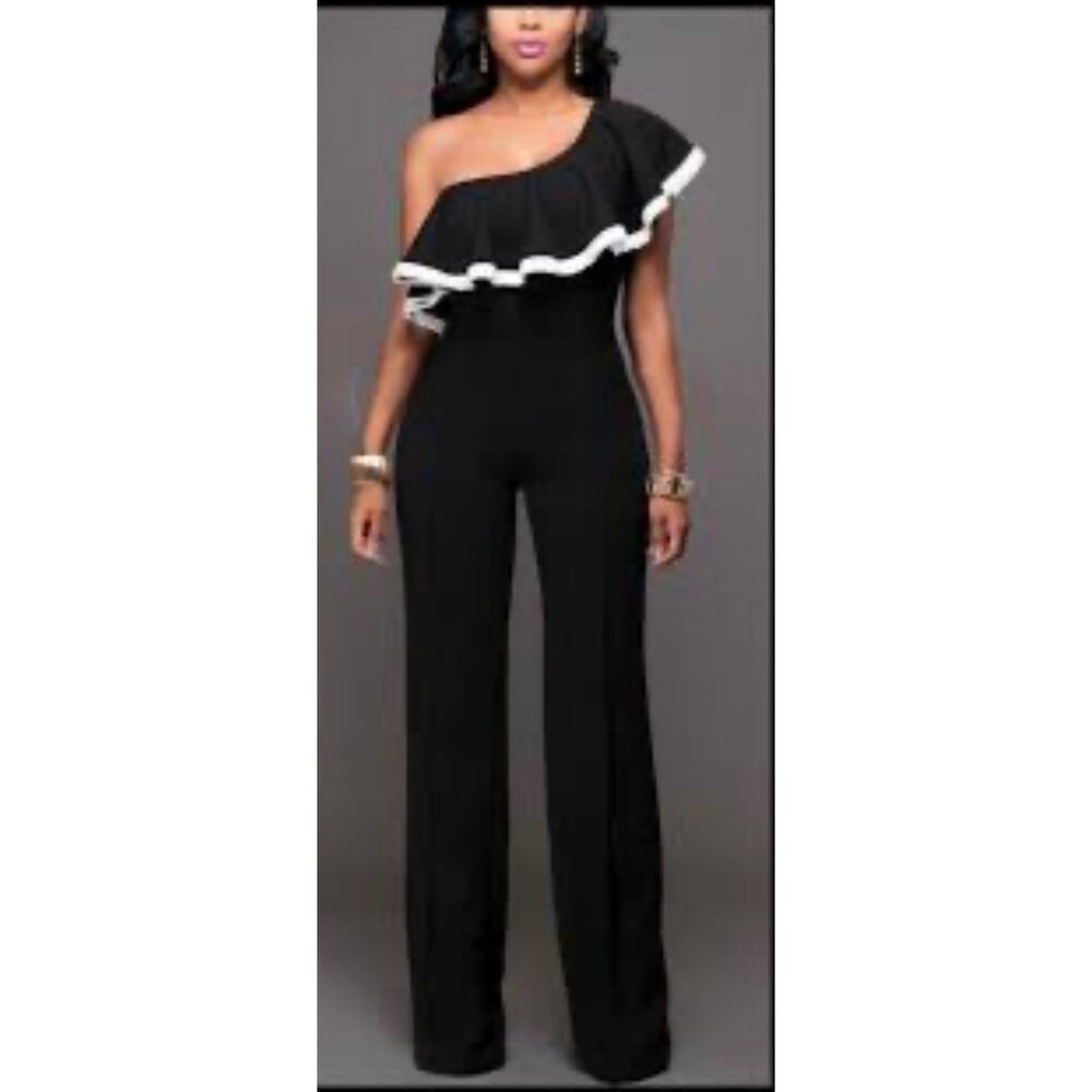 One-Shoulder Black Jumpsuit with White Ruffle Trim